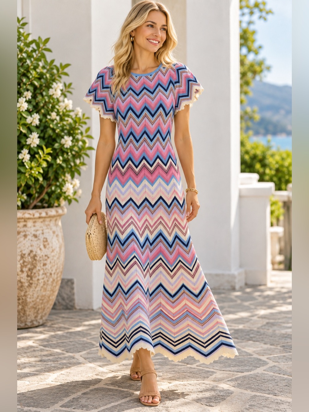 Shoshanna Chevron Knit Flutter Sleeve Midi Maxi Dress | M